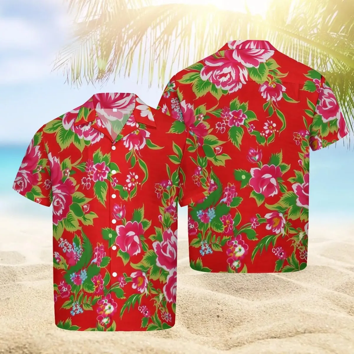 Navy Blue Background Floral Pattern Cuban Collar Pocketless Beach Polo Shirts Short Sleeved Men's Shirt