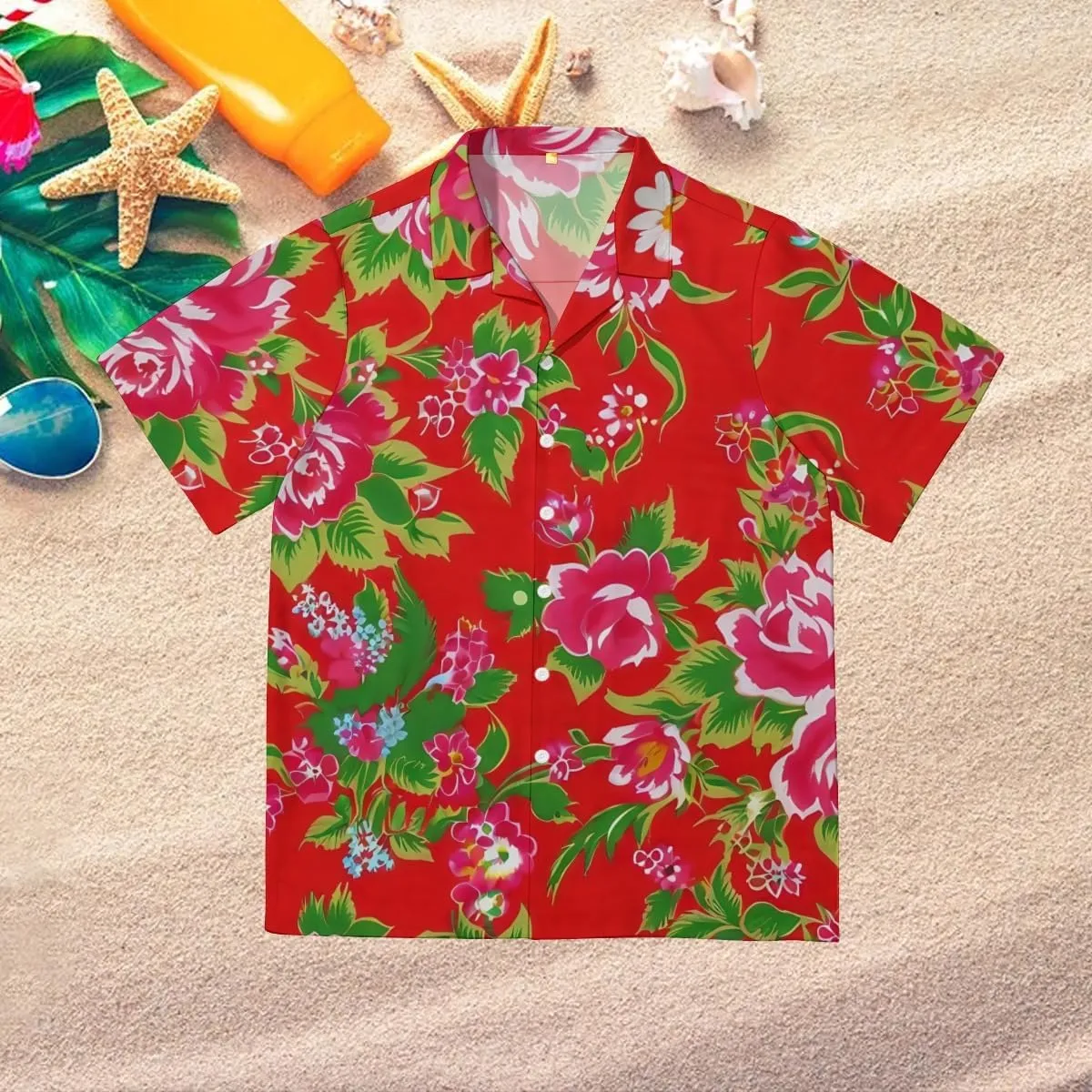 Navy Blue Background Floral Pattern Cuban Collar Pocketless Beach Polo Shirts Short Sleeved Men's Shirt