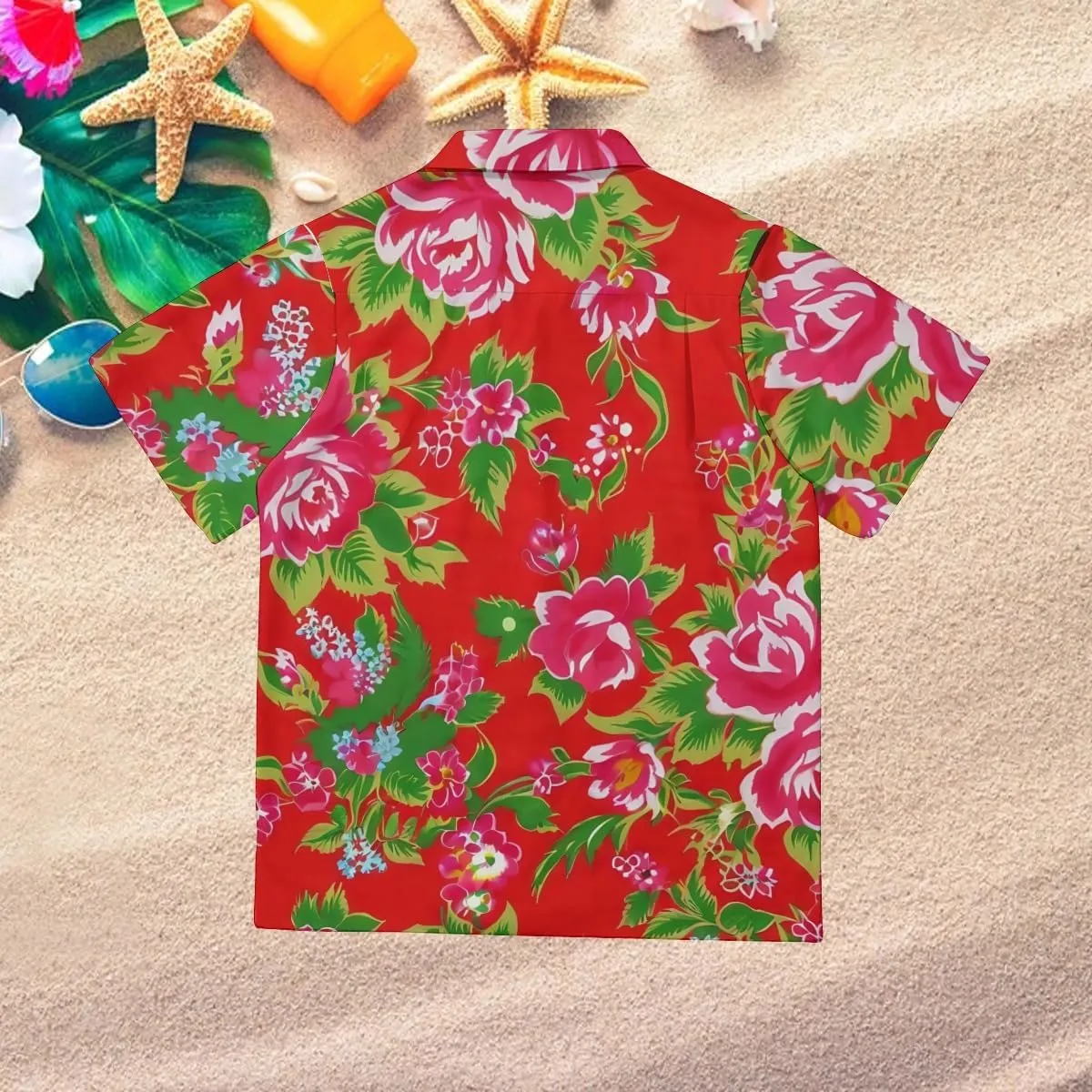 Navy Blue Background Floral Pattern Cuban Collar Pocketless Beach Polo Shirts Short Sleeved Men's Shirt