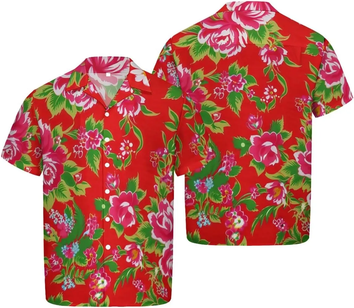 Navy Blue Background Floral Pattern Cuban Collar Pocketless Beach Polo Shirts Short Sleeved Men's Shirt