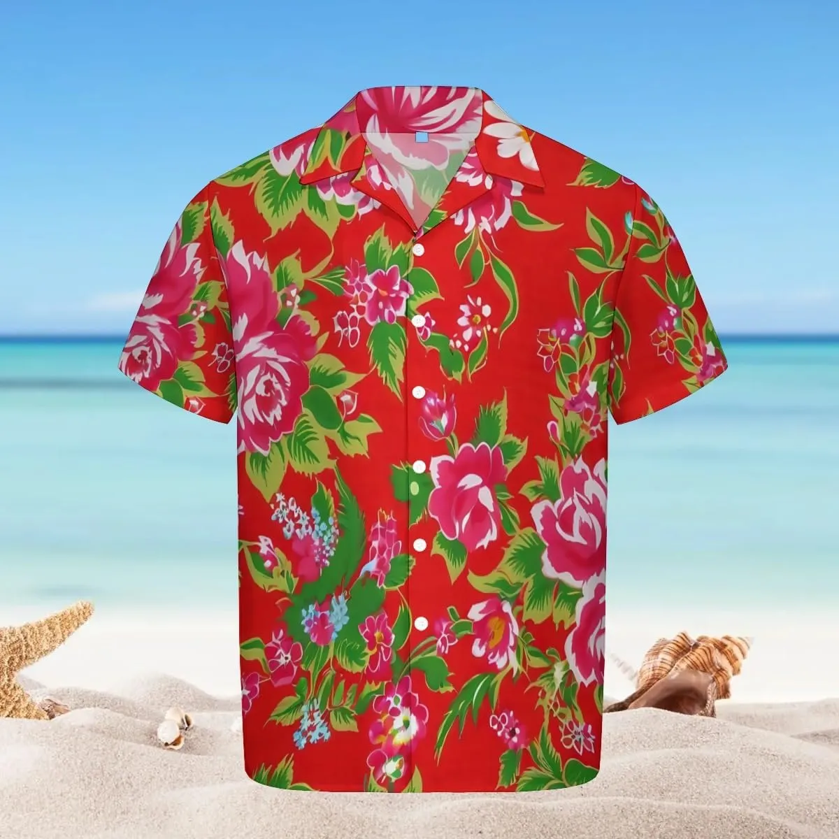 Navy Blue Background Floral Pattern Cuban Collar Pocketless Beach Polo Shirts Short Sleeved Men's Shirt