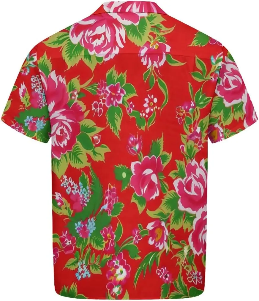 Navy Blue Background Floral Pattern Cuban Collar Pocketless Beach Polo Shirts Short Sleeved Men's Shirt