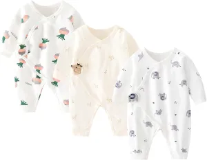 Newborn Baby Romper - Unisex Cotton Bodysuit for Infant Baby Boys Girls 3 Pack Long Sleeve Button Solid Jumpsuits