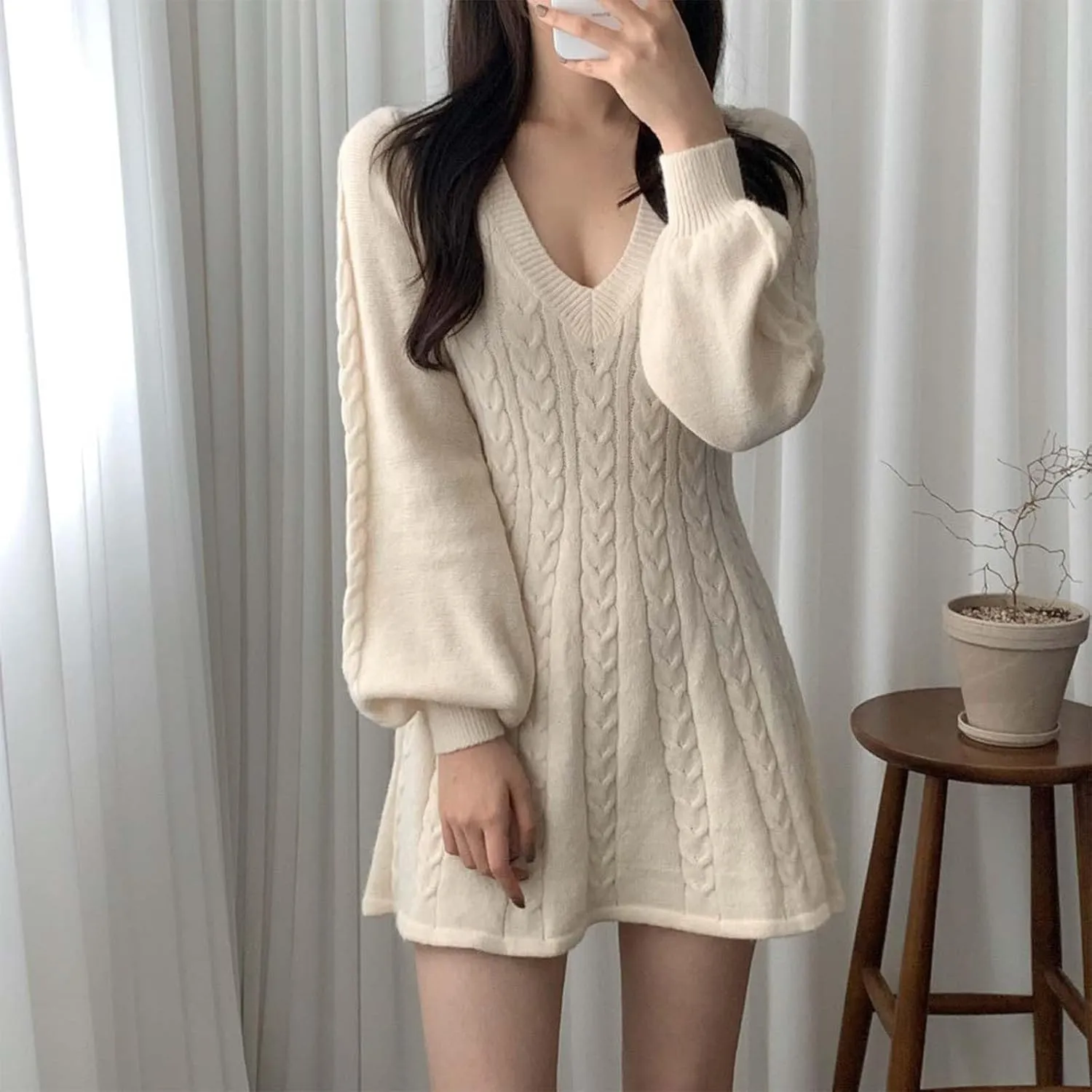 Oplxuo Women's Cable Knit Sweater Dress Casual V-Neck Long Sleeve Flared A-Line Short Mini Dresses for Fall Winter