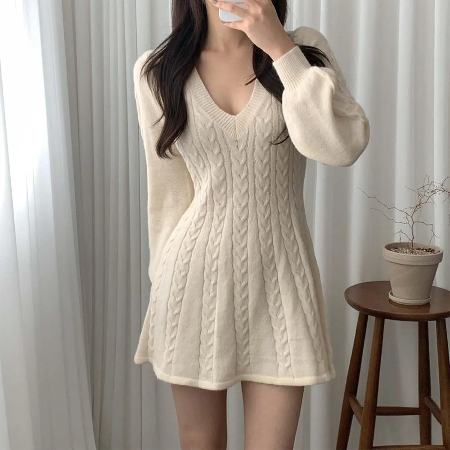 Oplxuo Women's Cable Knit Sweater Dress Casual V-Neck Long Sleeve Flared A-Line Short Mini Dresses for Fall Winter