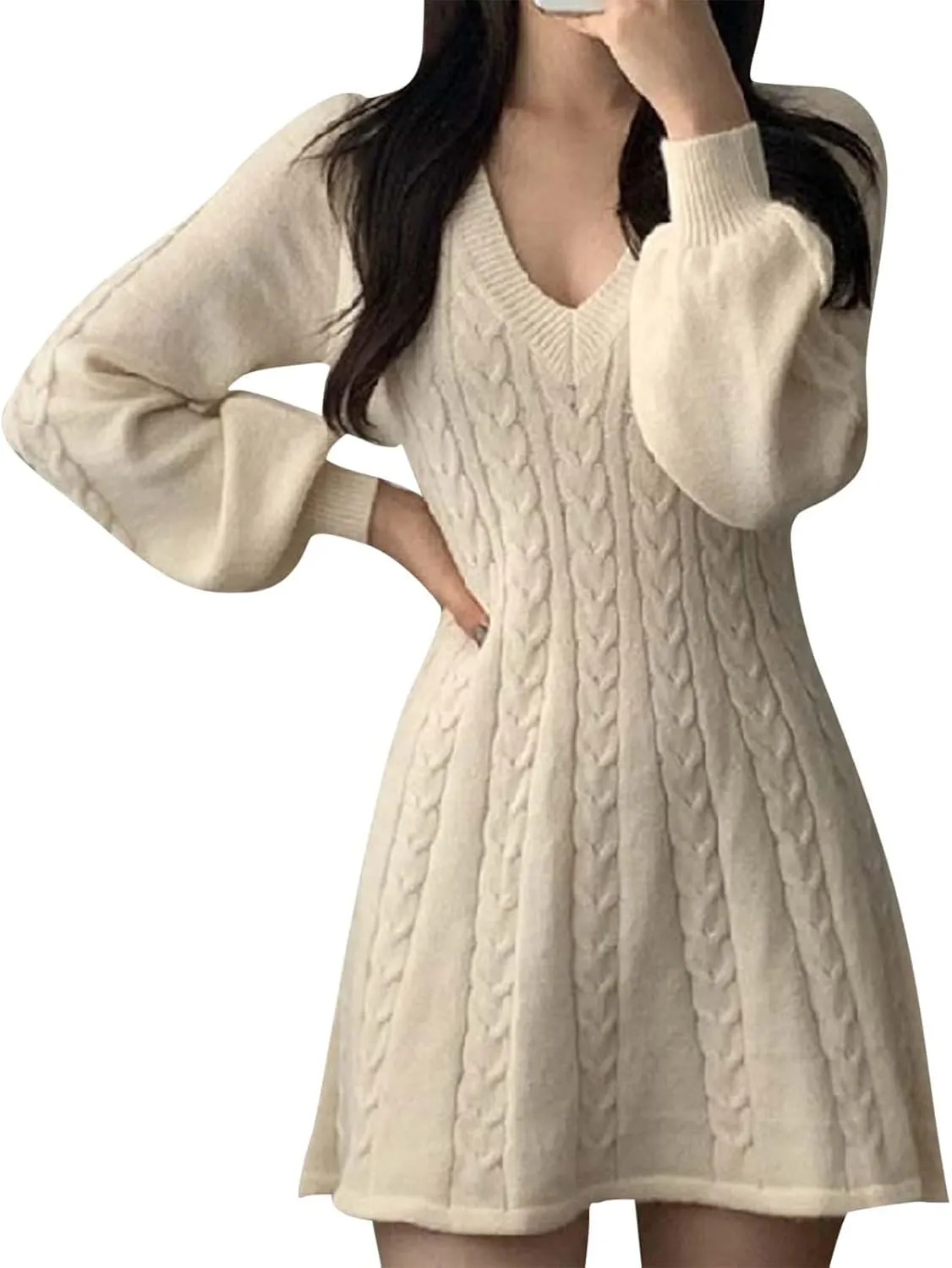 Oplxuo Women's Cable Knit Sweater Dress Casual V-Neck Long Sleeve Flared A-Line Short Mini Dresses for Fall Winter