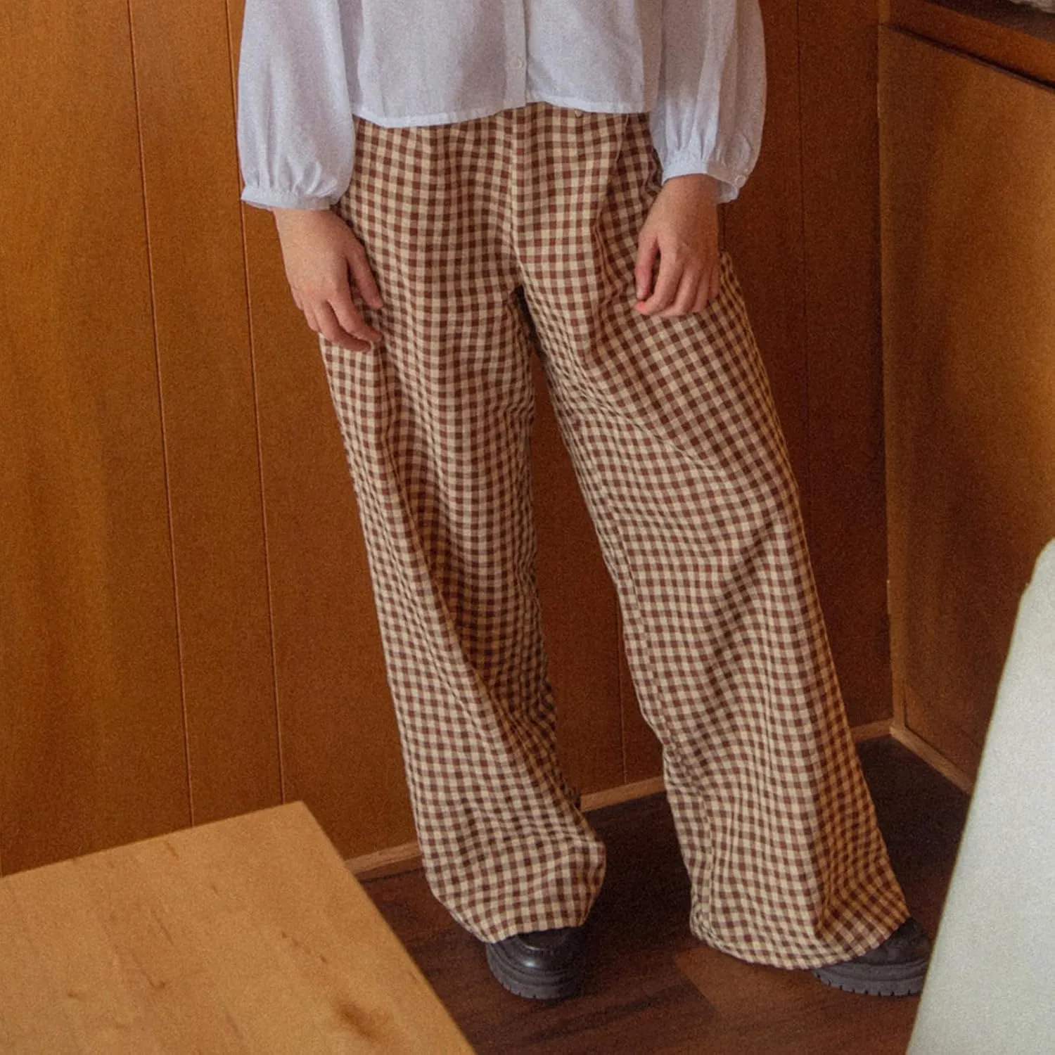 Owl's-Yard Women Y2K Gingham Print Pants Elastic Waist Dreawstring Wide Leg Trousers Striped Casual Lounge Pants with Pockets
