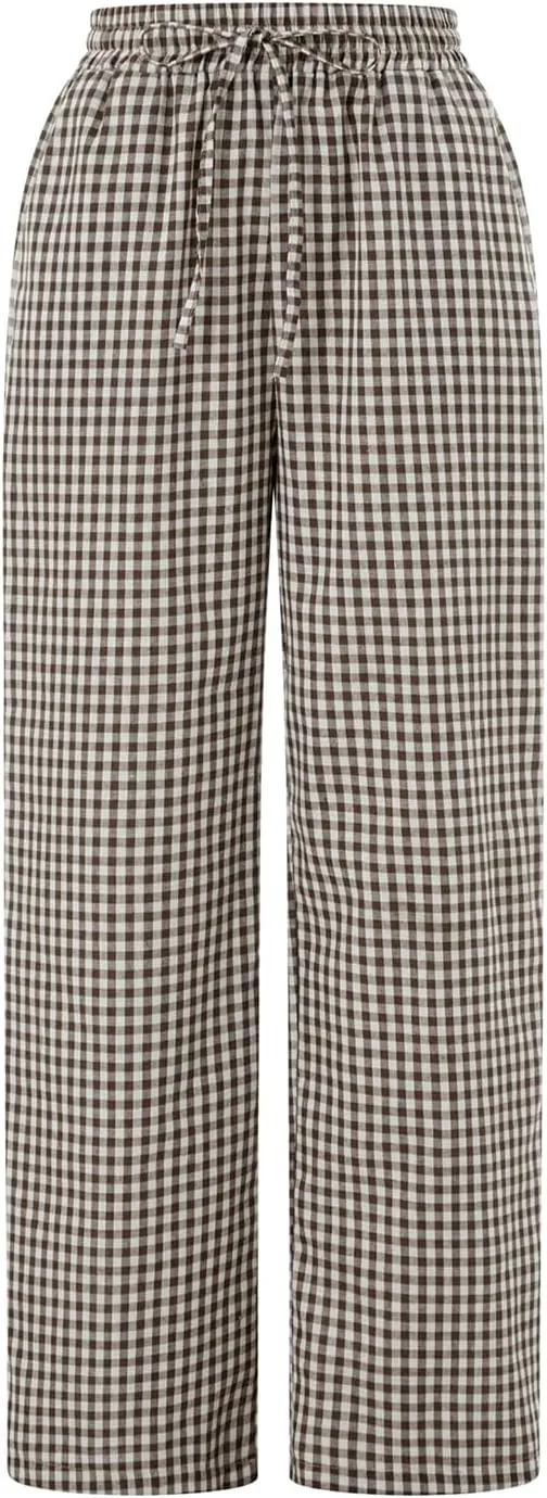 Owl's-Yard Women Y2K Gingham Print Pants Elastic Waist Dreawstring Wide Leg Trousers Striped Casual Lounge Pants with Pockets
