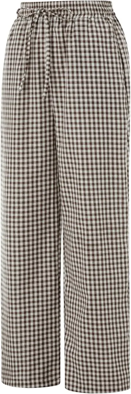 Owl's-Yard Women Y2K Gingham Print Pants Elastic Waist Dreawstring Wide Leg Trousers Striped Casual Lounge Pants with Pockets