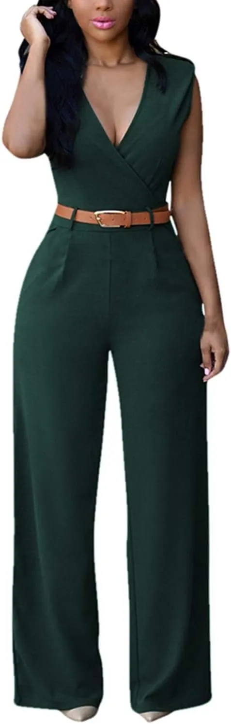 Pink Queen Jumpsuits for Women Dressy V Neck Sleeveless Wide Leg Long Pants Rompers