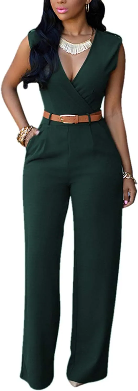 Pink Queen Jumpsuits for Women Dressy V Neck Sleeveless Wide Leg Long Pants Rompers
