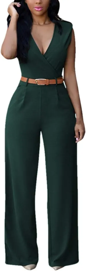 Pink Queen Jumpsuits for Women Dressy V Neck Sleeveless Wide Leg Long Pants Rompers