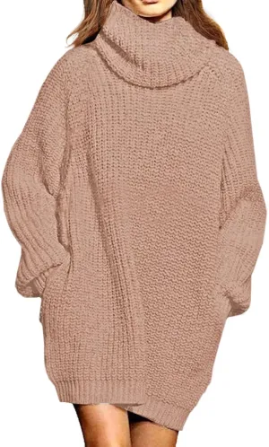 Pink Queen Women's Loose Turtleneck Oversize Long Pullover Sweater Dress