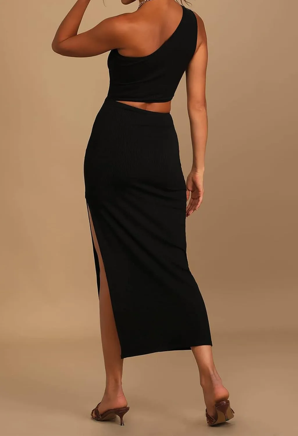 Pink Queen Women's One Shoulder Sleeveless Cutout Side Slit Bodycon Maxi Long Dress