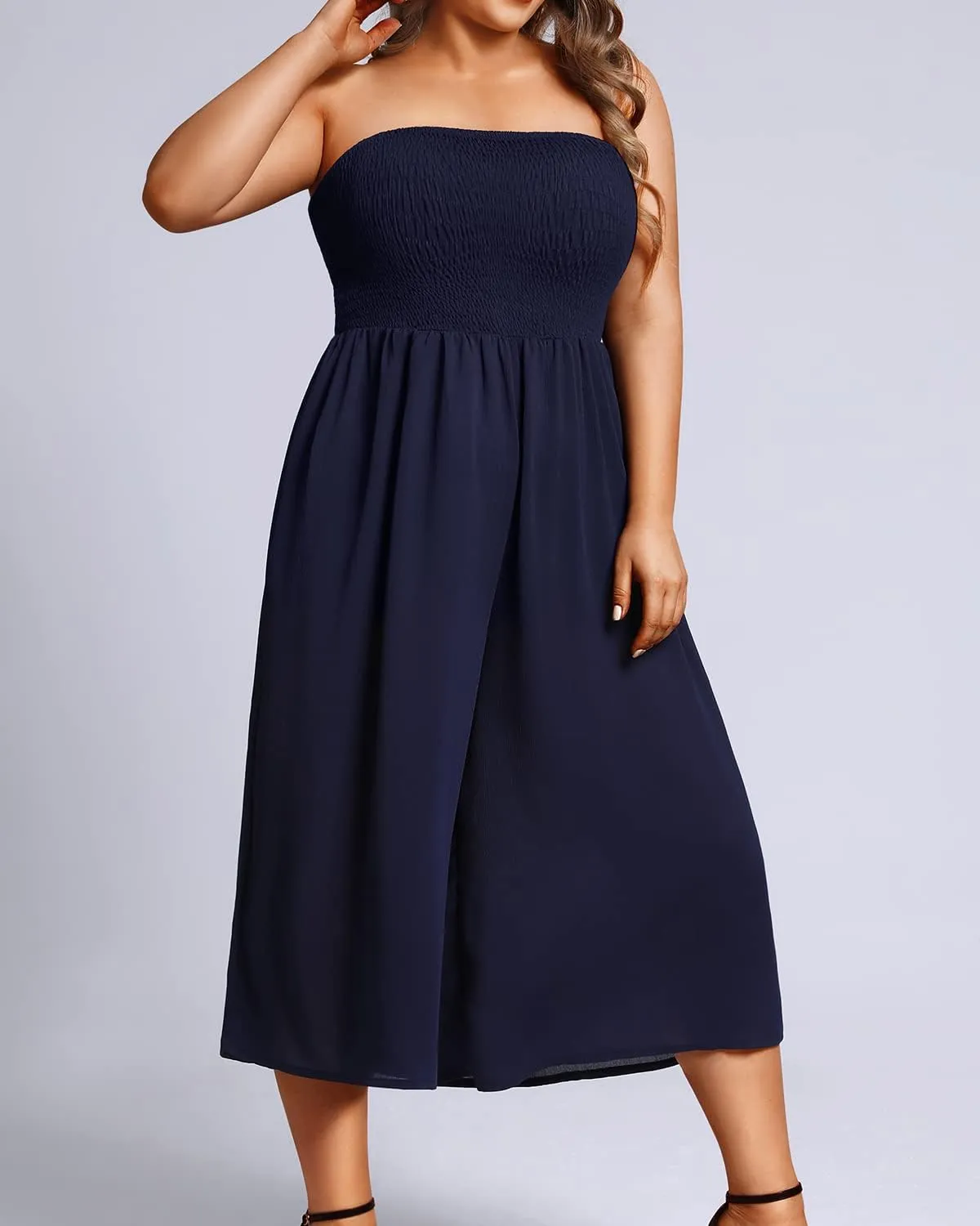 Pinup Fashion Plus Size Jumpsuits Women Cover Up Casual Off Shoulder Strapless Wide Leg Pants Romper with Pockets