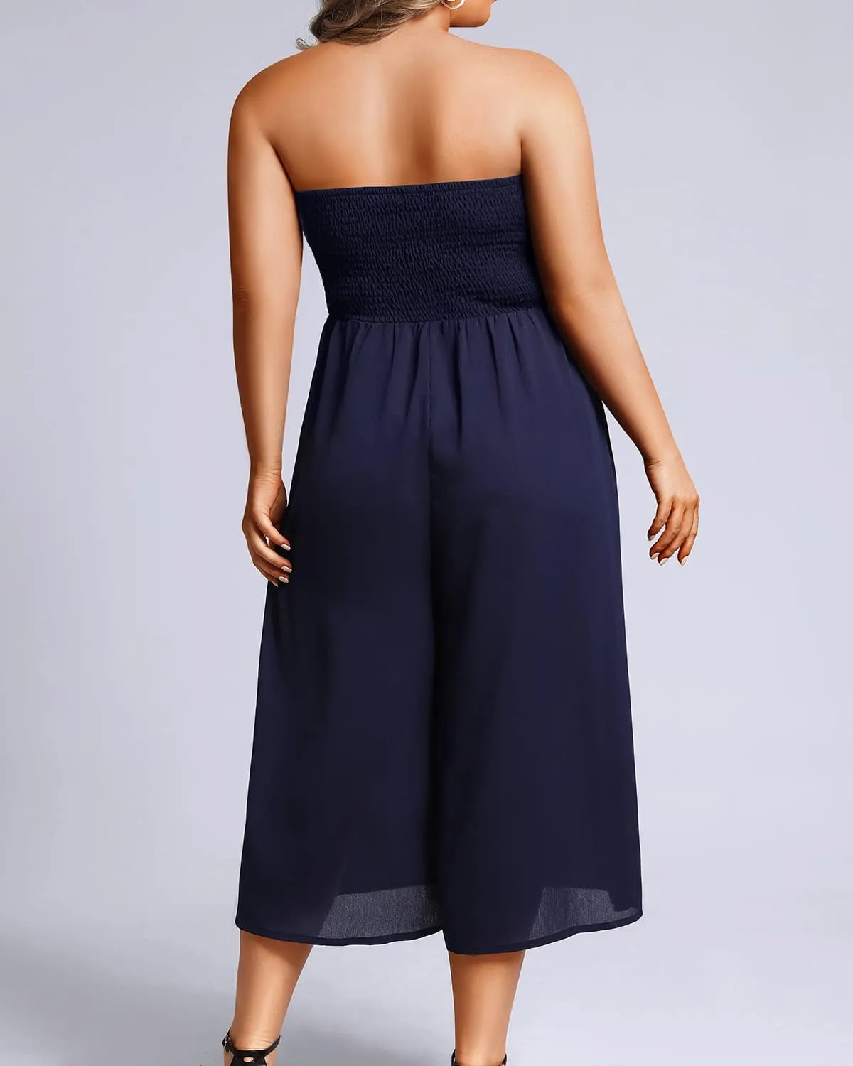 Pinup Fashion Plus Size Jumpsuits Women Cover Up Casual Off Shoulder Strapless Wide Leg Pants Romper with Pockets