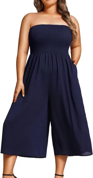 Pinup Fashion Plus Size Jumpsuits Women Cover Up Casual Off Shoulder Strapless Wide Leg Pants Romper with Pockets