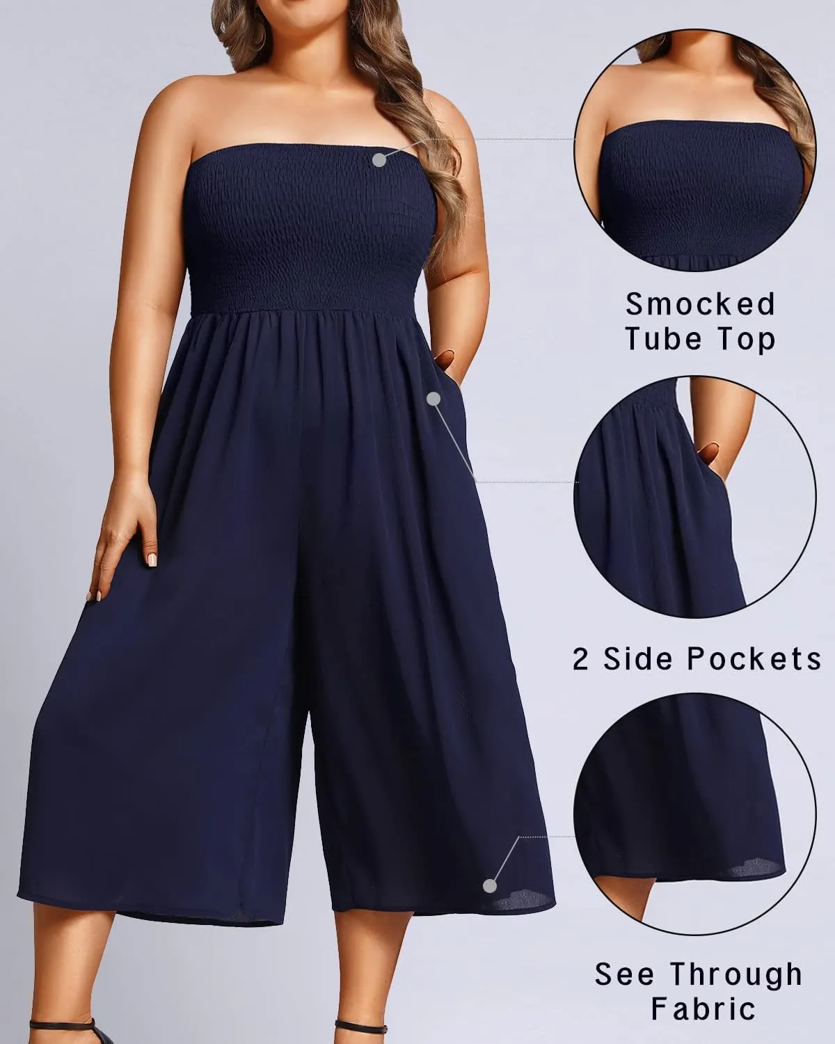 Pinup Fashion Plus Size Jumpsuits Women Cover Up Casual Off Shoulder Strapless Wide Leg Pants Romper with Pockets