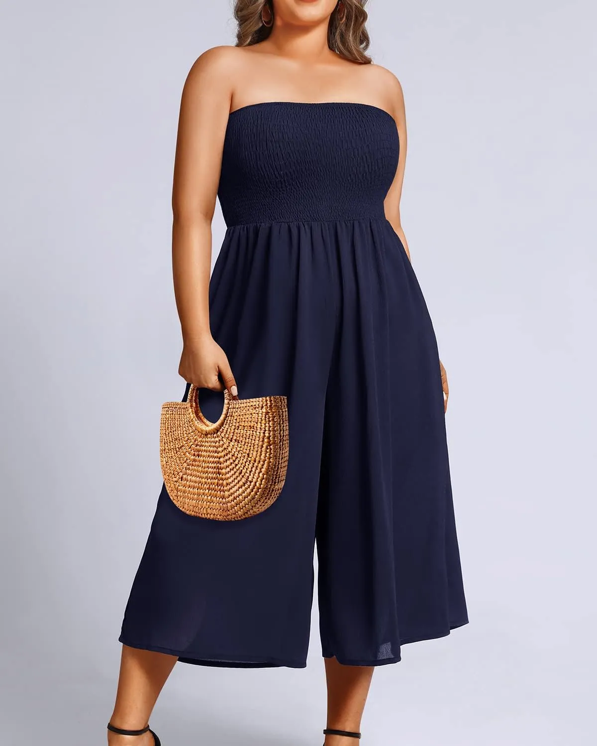 Pinup Fashion Plus Size Jumpsuits Women Cover Up Casual Off Shoulder Strapless Wide Leg Pants Romper with Pockets