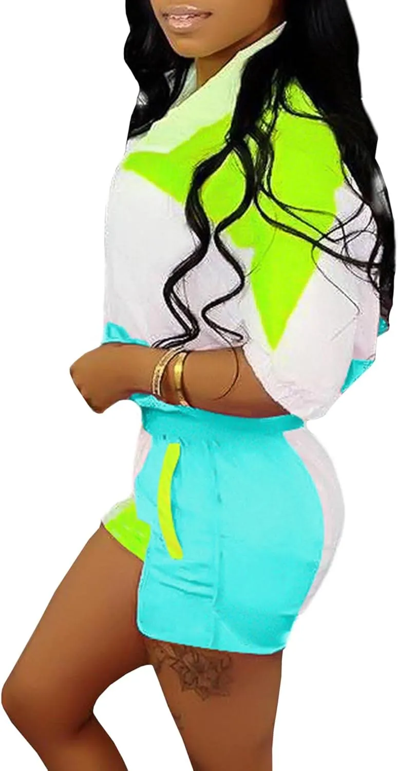 Raboolion Women's 2 Piece Outfits Tracksuit Jumpsuits Color Block Lightweight Windbreaker Jacket Crop Top Shorts Pants Set