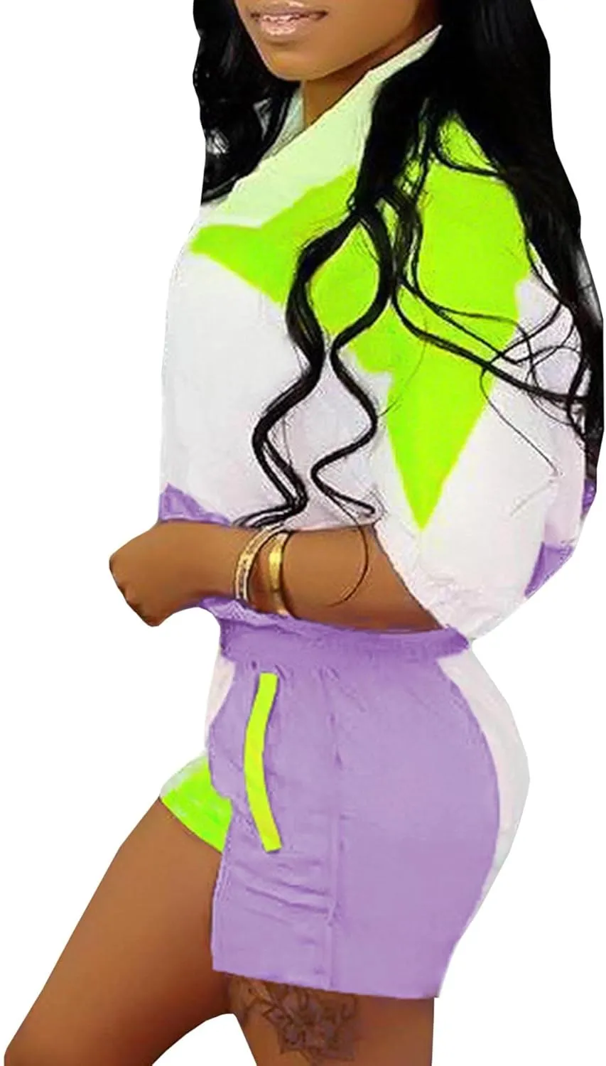 Raboolion Women's 2 Piece Outfits Tracksuit Jumpsuits Color Block Lightweight Windbreaker Jacket Crop Top Shorts Pants Set