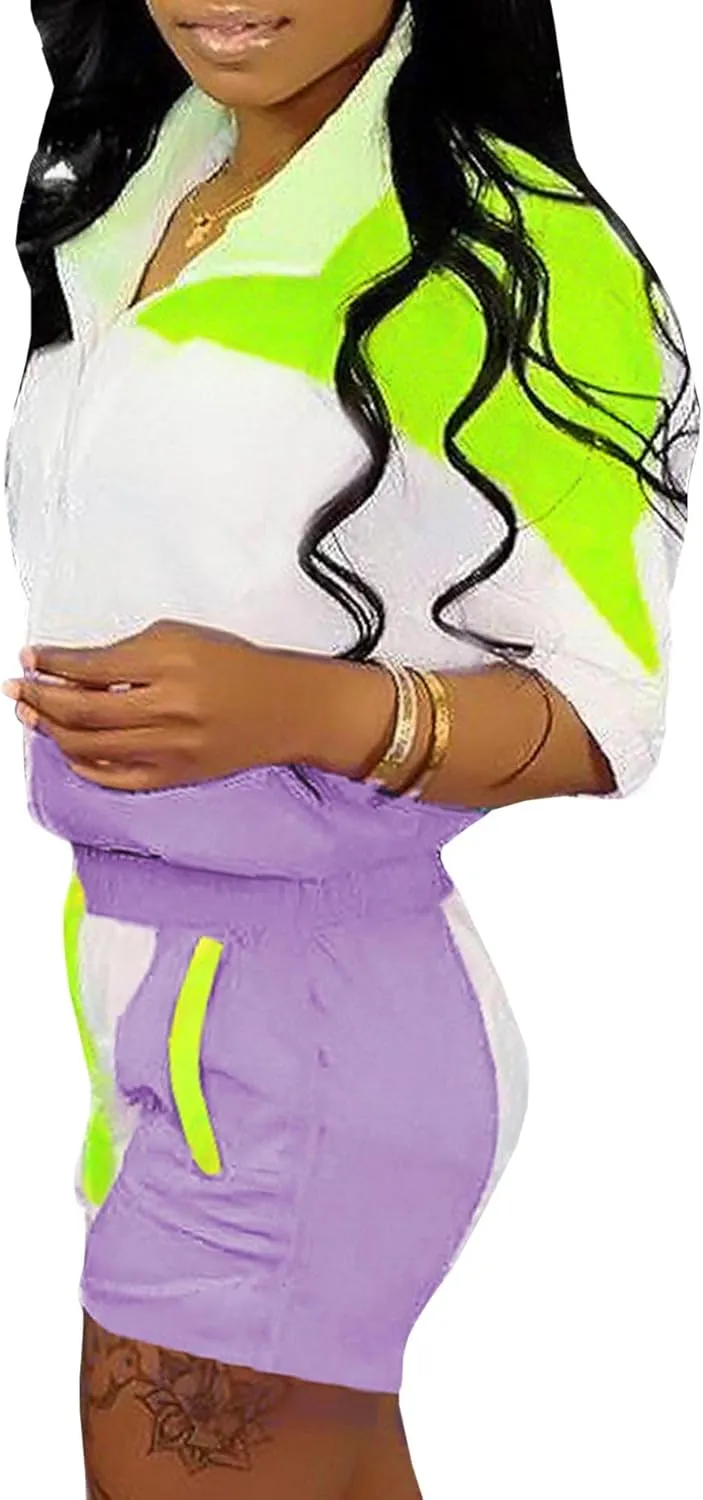 Raboolion Women's 2 Piece Outfits Tracksuit Jumpsuits Color Block Lightweight Windbreaker Jacket Crop Top Shorts Pants Set