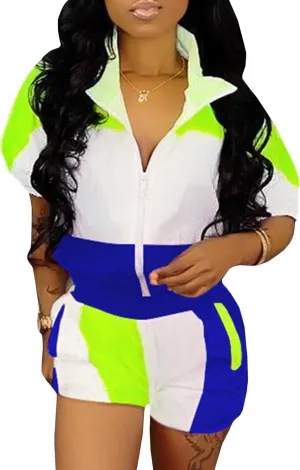 Raboolion Women's 2 Piece Outfits Tracksuit Jumpsuits Color Block Lightweight Windbreaker Jacket Crop Top Shorts Pants Set