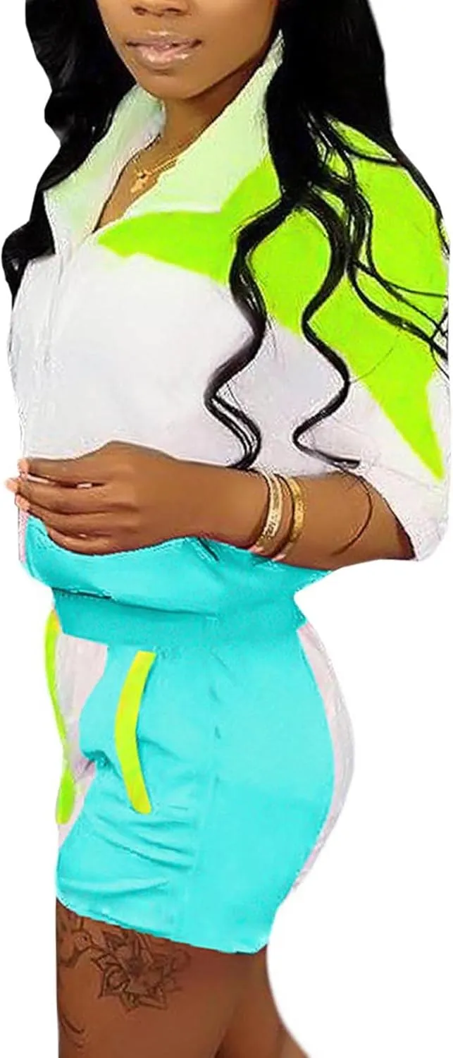 Raboolion Women's 2 Piece Outfits Tracksuit Jumpsuits Color Block Lightweight Windbreaker Jacket Crop Top Shorts Pants Set