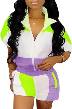 Raboolion Women's 2 Piece Outfits Tracksuit Jumpsuits Color Block Lightweight Windbreaker Jacket Crop Top Shorts Pants Set