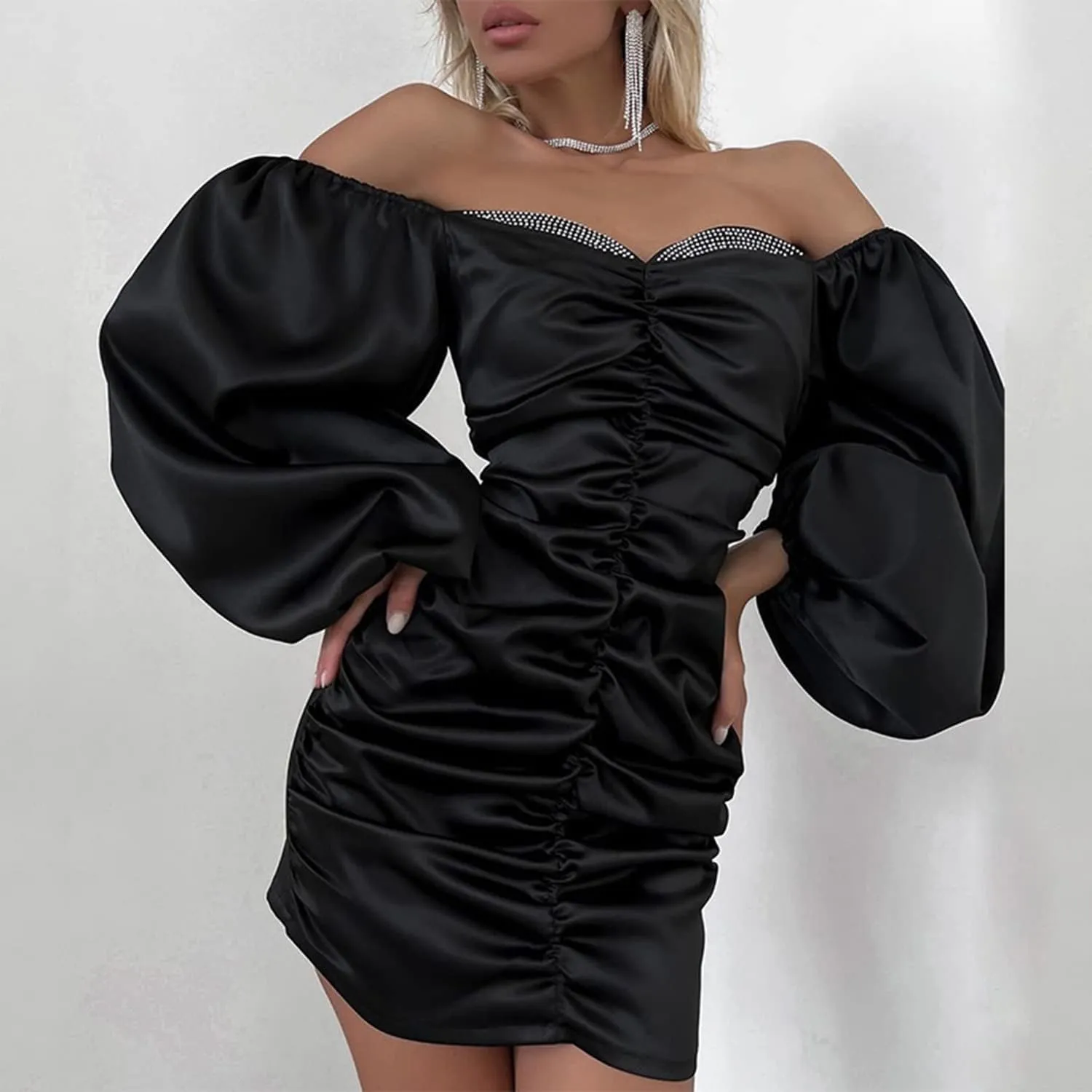 Resnan Women's Dress Off Shoulder Ruched Bodycon Short Dress Long Sleeve Wrap Satin Cocktail Nightclub Elegant Ruffle Smocked