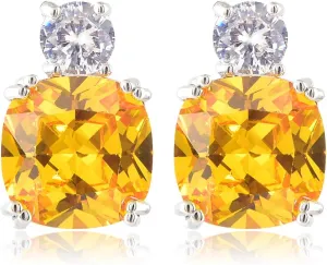 [RIZILIA CLASSIC] Stud Pierced Earrings with Cushion Cut Gemstones CZ [Multi-Colors available] in 18K White Gold Plated, Simple Modern Elegant