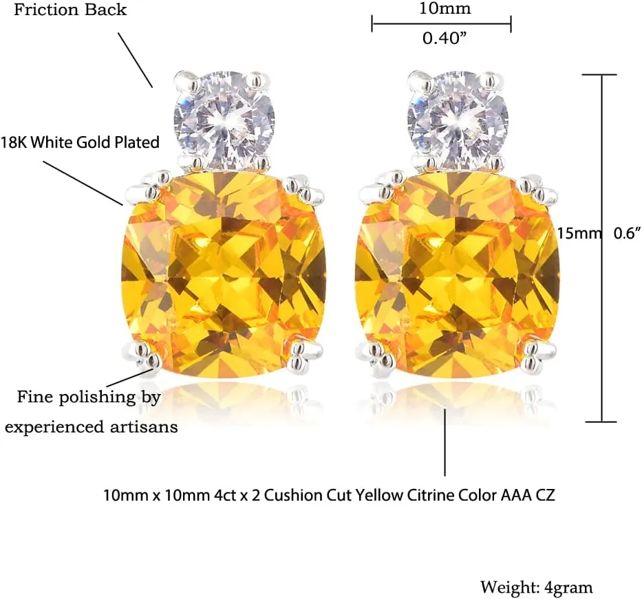 [RIZILIA CLASSIC] Stud Pierced Earrings with Cushion Cut Gemstones CZ [Multi-Colors available] in 18K White Gold Plated, Simple Modern Elegant