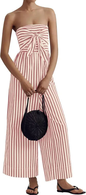 SAFRISIOR Womens Tie Front Striped Jumpsuits Summer Tube Top Strapless Romper Wide Leg 2025 One Piece Outfits with Pockets