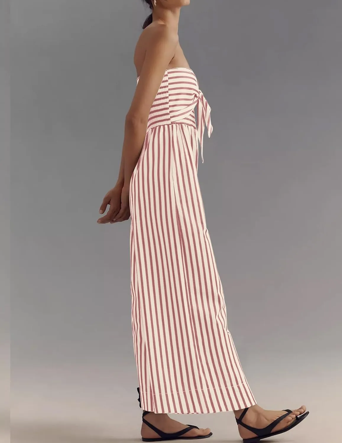 SAFRISIOR Womens Tie Front Striped Jumpsuits Summer Tube Top Strapless Romper Wide Leg 2025 One Piece Outfits with Pockets