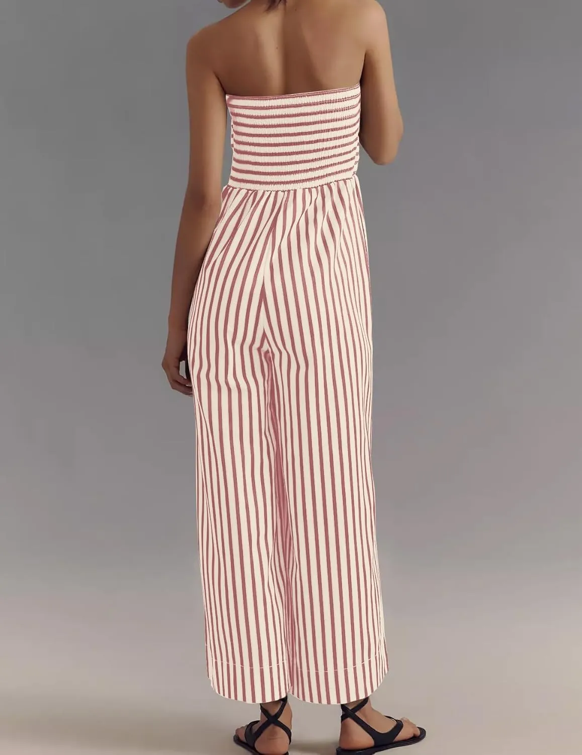 SAFRISIOR Womens Tie Front Striped Jumpsuits Summer Tube Top Strapless Romper Wide Leg 2025 One Piece Outfits with Pockets