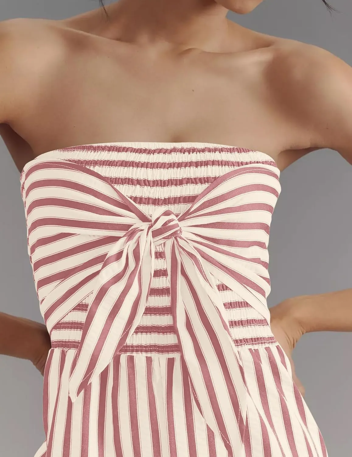 SAFRISIOR Womens Tie Front Striped Jumpsuits Summer Tube Top Strapless Romper Wide Leg 2025 One Piece Outfits with Pockets