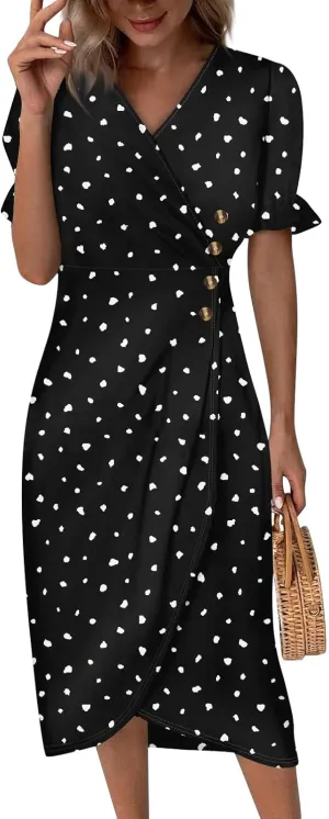Shift Dresses for Women Faux Wrap Irregular Hem Boho Midi-Dress Elegant Summer 2024