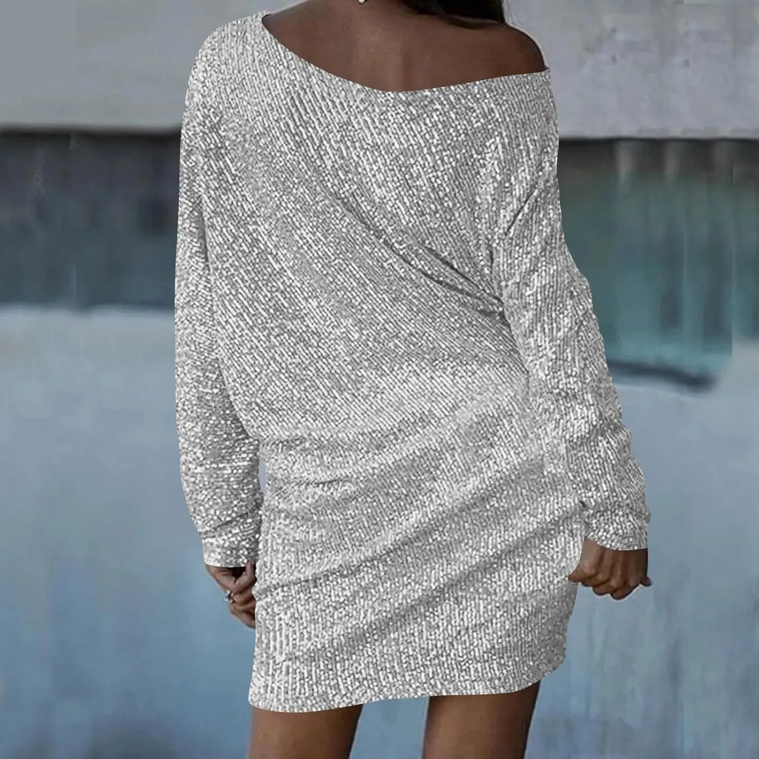 Sparkly Dresses for Women Women's Fashion Dresses Slant Shoulder Long Sleeve Dresses Solid Color Sexy Dresses