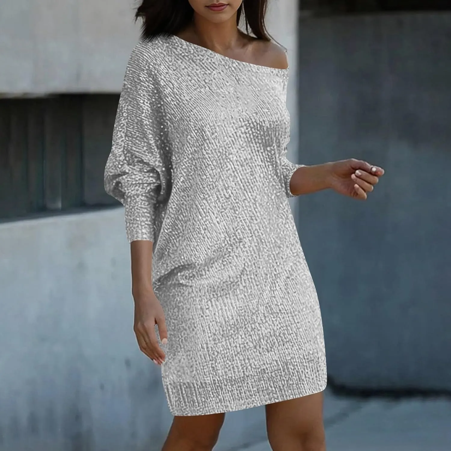 Sparkly Dresses for Women Women's Fashion Dresses Slant Shoulder Long Sleeve Dresses Solid Color Sexy Dresses