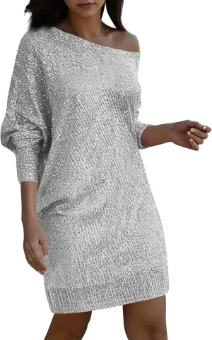 Sparkly Dresses for Women Women's Fashion Dresses Slant Shoulder Long Sleeve Dresses Solid Color Sexy Dresses