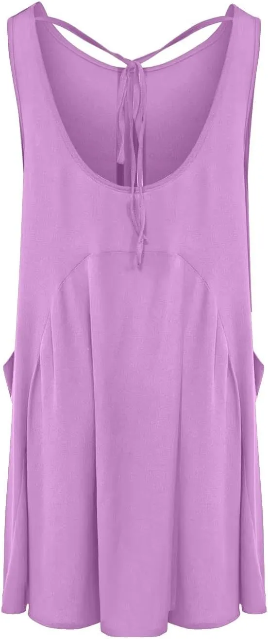 Summer Dresses for Women Casual Solid Color Mini Beach Dress Crew Neck Sleeveless Pleated Loose Comfy Short Dress