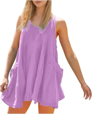 Summer Dresses for Women Casual Solid Color Mini Beach Dress Crew Neck Sleeveless Pleated Loose Comfy Short Dress