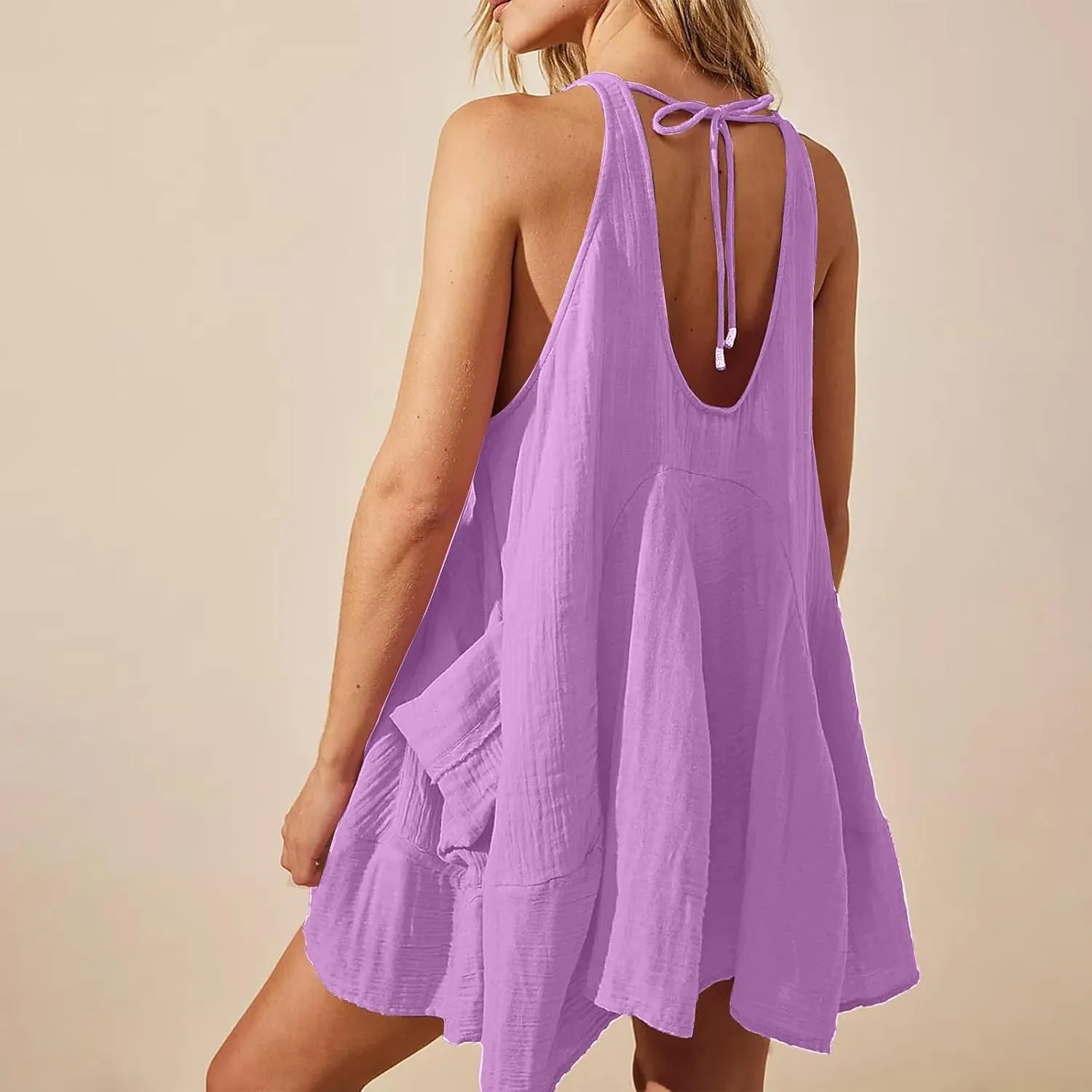 Summer Dresses for Women Casual Solid Color Mini Beach Dress Crew Neck Sleeveless Pleated Loose Comfy Short Dress