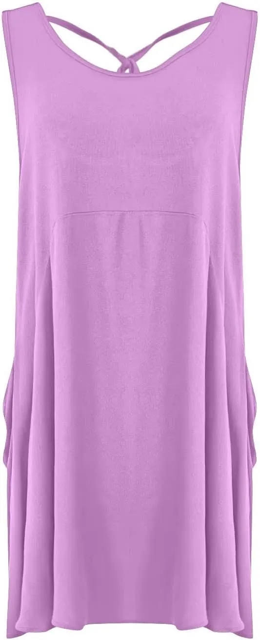 Summer Dresses for Women Casual Solid Color Mini Beach Dress Crew Neck Sleeveless Pleated Loose Comfy Short Dress
