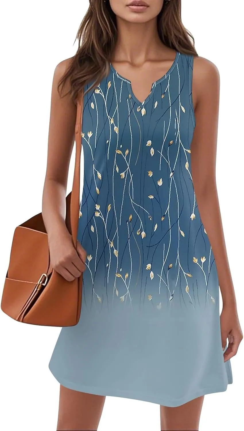 Summer Dresses for Women V-Neck Sundresses Sleeveless Loose Sleep Dress Beach Tank Dress Floral Casual T Shirt Dresses