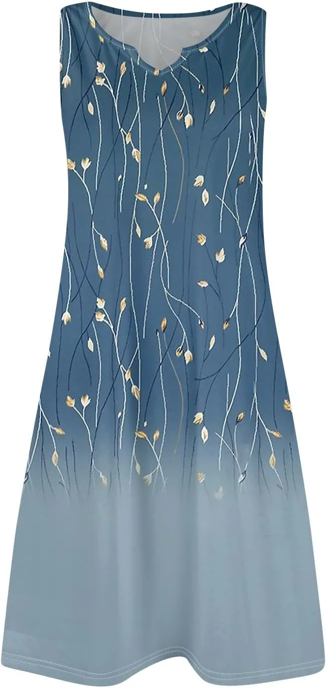 Summer Dresses for Women V-Neck Sundresses Sleeveless Loose Sleep Dress Beach Tank Dress Floral Casual T Shirt Dresses