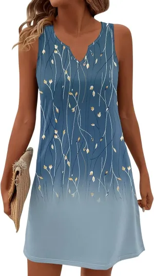 Summer Dresses for Women V-Neck Sundresses Sleeveless Loose Sleep Dress Beach Tank Dress Floral Casual T Shirt Dresses