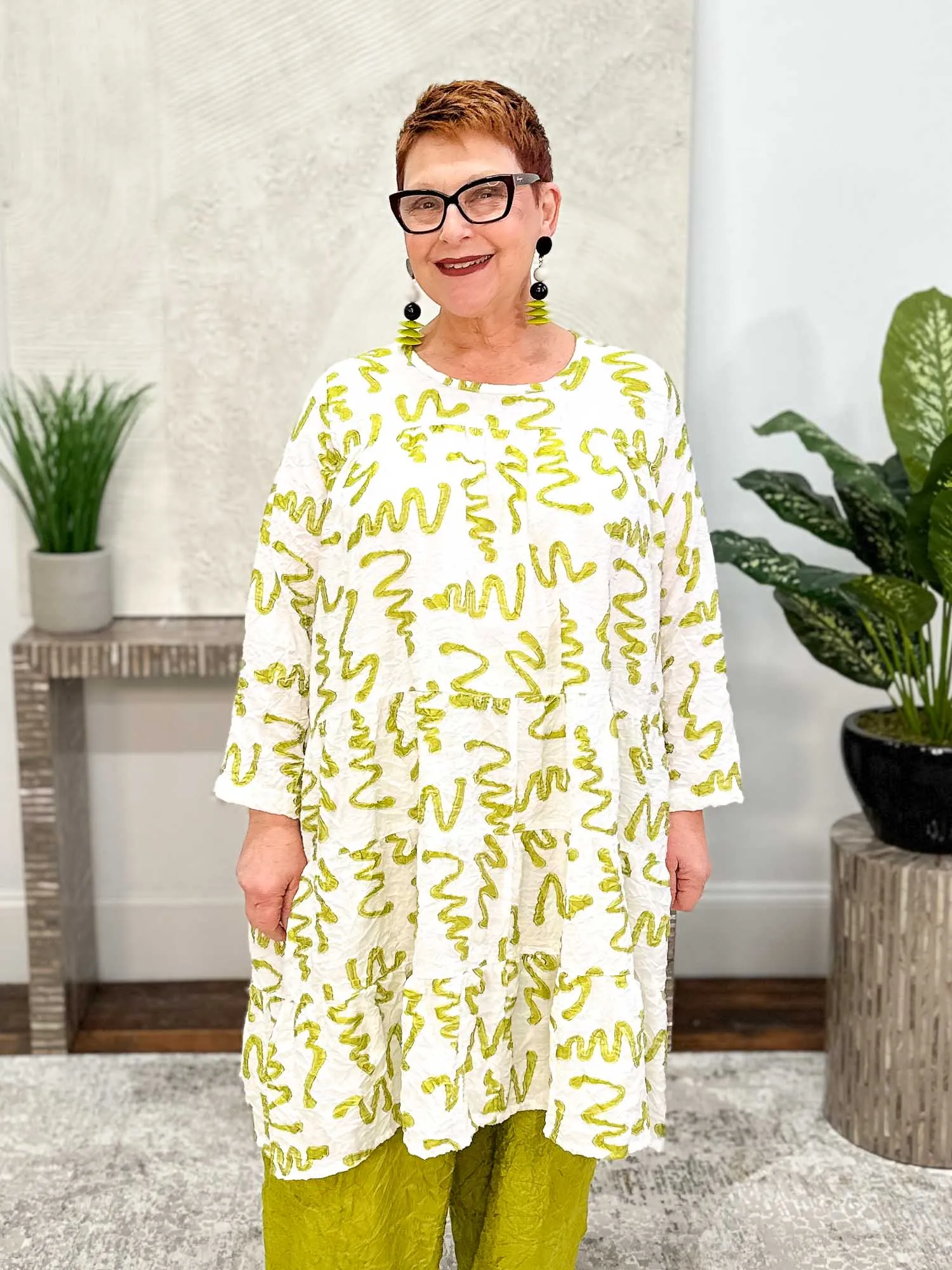Tear Drop Dress, White Kiwi Squiggle