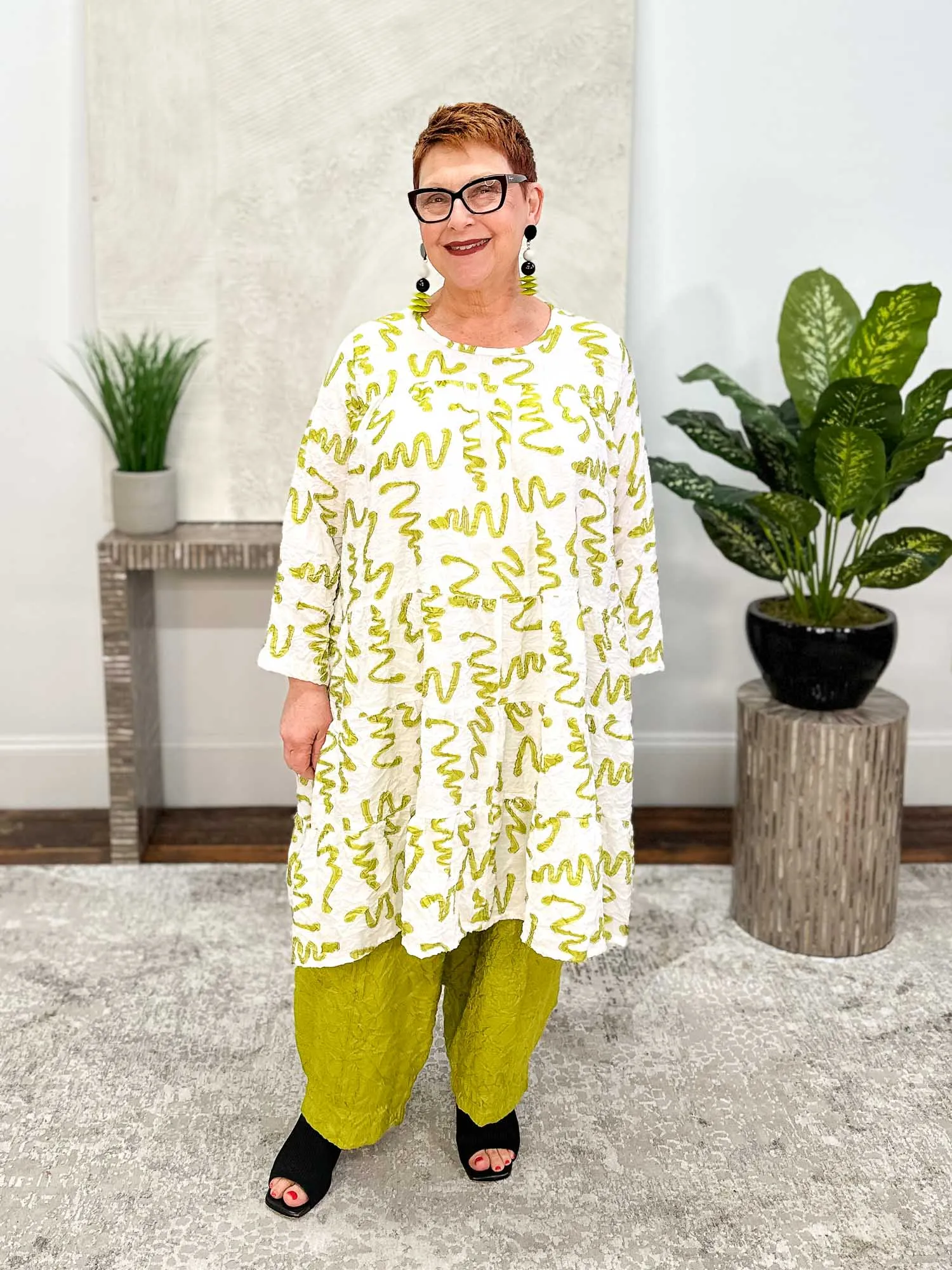 Tear Drop Dress, White Kiwi Squiggle