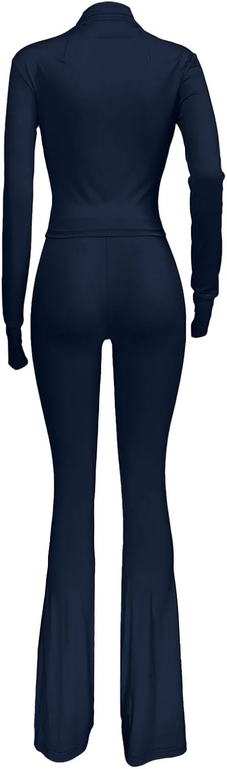 Womens 2 Piece Outfits Workout Zip Up Sweatshirt and Jogger Flare Yoga Pants Gym Sweat Suits Fashion Jumpsuits